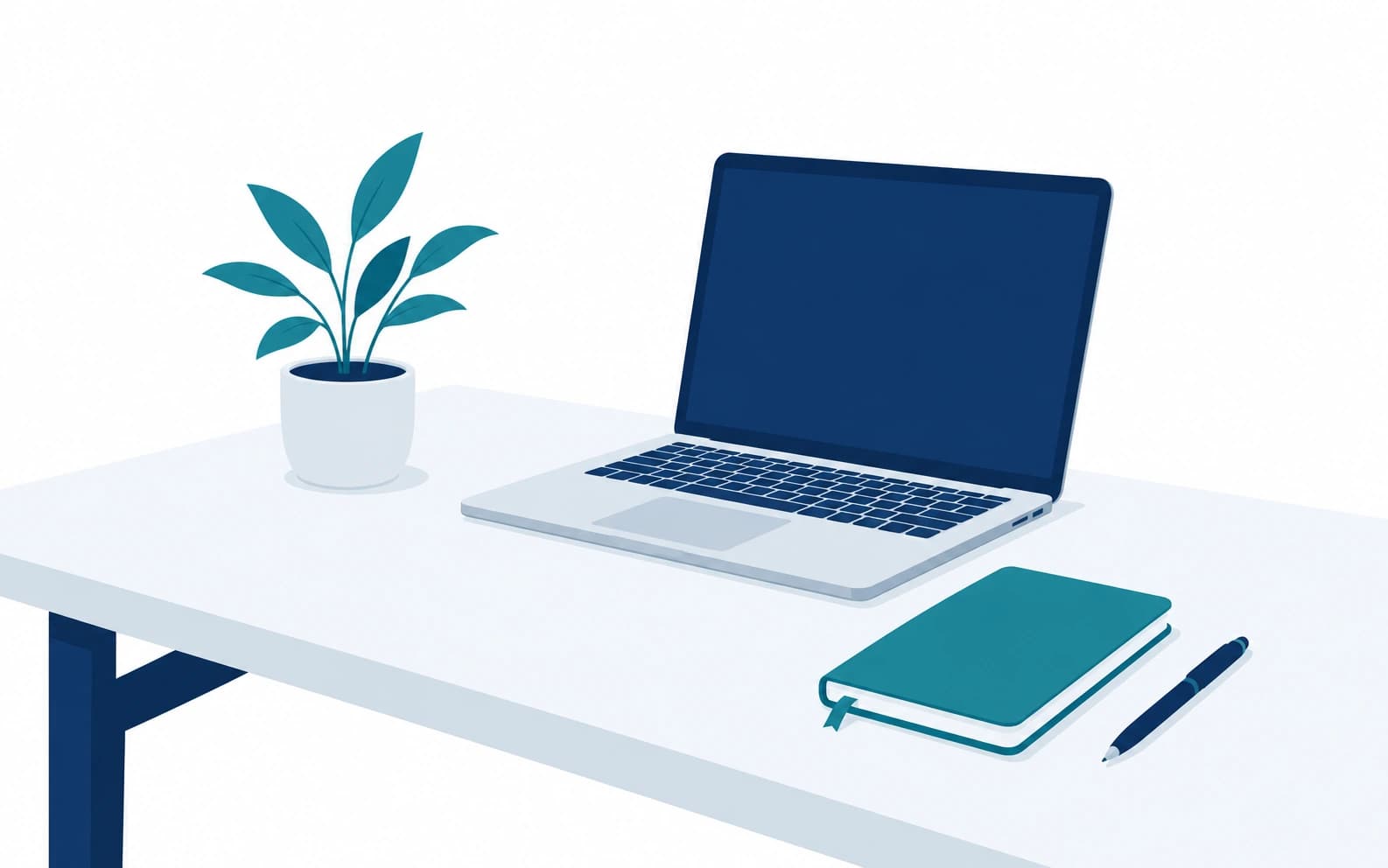 A desk with a laptop, notebook and pen - an illustration of how the team works